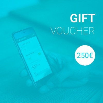 Smartphone na mão com ecrã visível e texto GIFT VOUCHER 250€