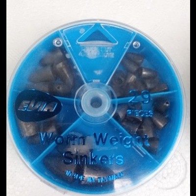 Estojo azul com pesos de pesca metálicos cónicos dentro