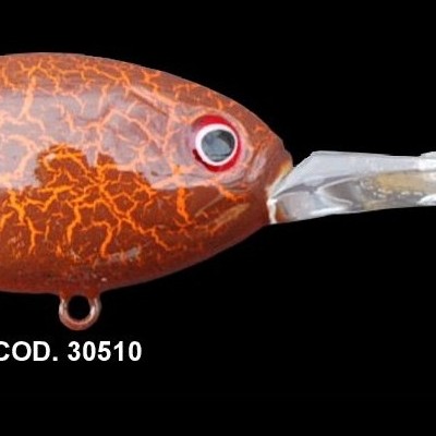 Isca de pesca tipo crankbait castanha com padrão laranja e pala transparente