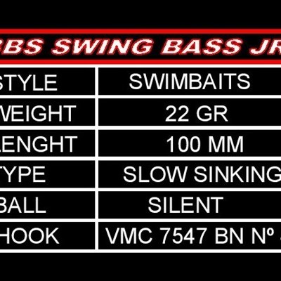Tabela de especificações do produto BBS SWING BASS JR com fundo preto e texto branco