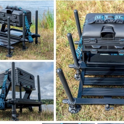 Conjunto de caixa e estrutura de pesca preta com alças azuis em campo junto a lago
