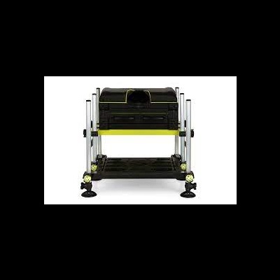 Banco de pesca metálico preto e amarelo com pés ajustáveis