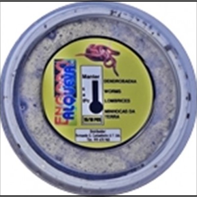 Embalagem redonda transparente com rótulo amarelo e texto com gráfico de termômetro