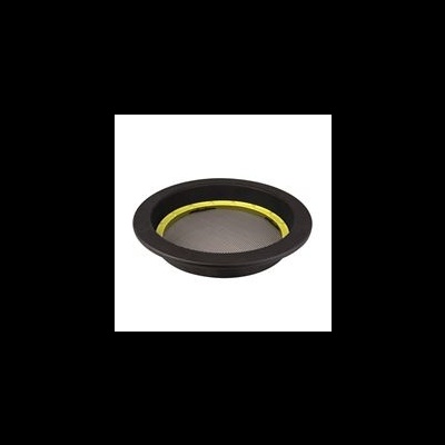 Colher peneira preta com borda amarela e rede fina no centro