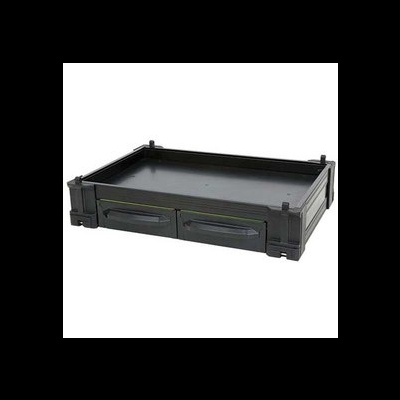 Caixa de armazenamento preta de plástico com duas gavetas e superfície plana