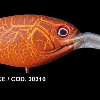 Isca artificial castanha com padrão de rachaduras e bico transparente