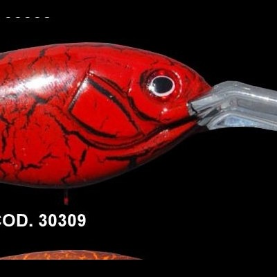 Isca de pesca vermelha com padrão preto e parte frontal transparente