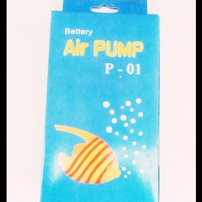Embalagem azul para bomba de ar com peixe ilustrado e texto Battery Air PUMP P-01