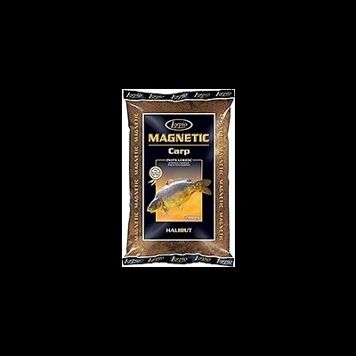 Embalagem de isco para pesca Lorpio Magnetic Carp Halibut preta e dourada com imagem de peixe