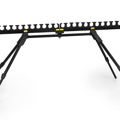 Suporte de metal preto com pernas ajustáveis e ranhuras para suporte