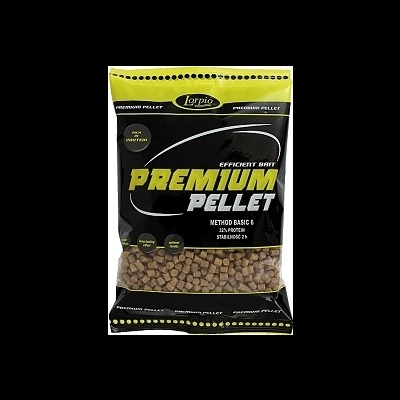 Pacote de pellets para pesca Lorpio preto e amarelo com texto em inglês