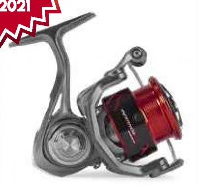 Carreto de pesca metálico cinza e vermelho com bobina vermelha