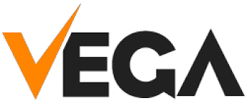 Logotipo com texto VEGA em cores laranja e preto