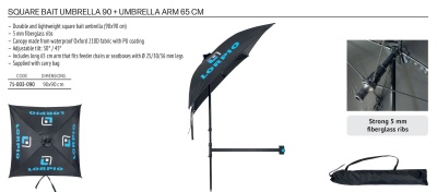 Guarda-chuva quadrado para isca preto com texto azul LORPIO e bolsa de transporte.