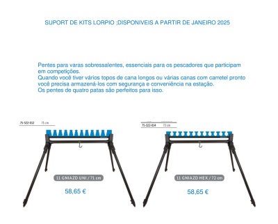 Dois suportes para varas de pesca de quatro pernas, um com peças azuis chamado 11 CHIAZIO UNI e outro 11 CHIAZIO HEX, ambos a 58,65 €