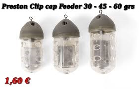 Três alimentadores Preston Clip cap feeder transparentes com topo cinzento, tamanhos 30, 45 e 60 gramas, preço 1,60 €