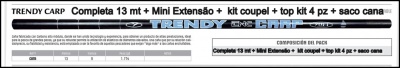Rótulo do produto TRENDY CARP com detalhes do conteúdo e composição do pack em preto e branco.