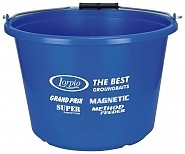 Balde azul de plástico com texto branco