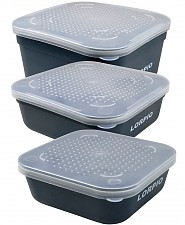 Três caixas de plástico preto com tampas cinzentas translúcidas e pontos, marca 'LOPITO' nas laterais