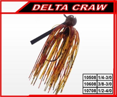 Isco de pesca artificial DELTA CRAW com franjas castanhas e laranja e cabeça preta