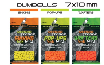 Embalagens de iscos para anzol dumbells em três cores: amarelo, laranja e verde