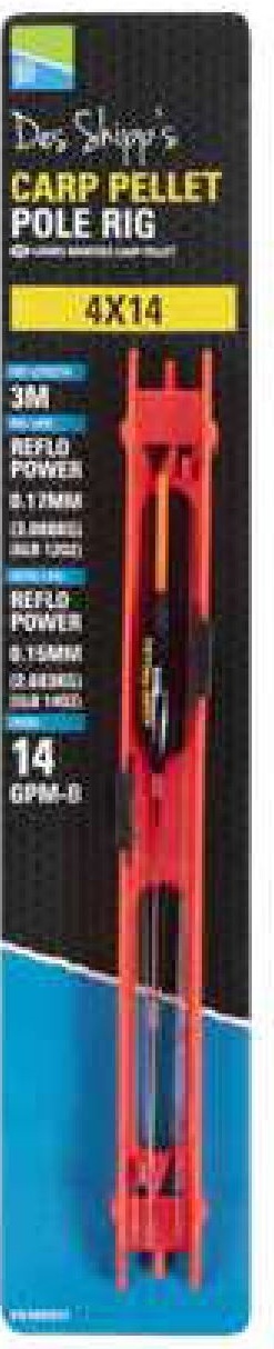 Embalagem de produto para pesca com estrutura vermelha e texto 'CARP PELLET POLE RIG'