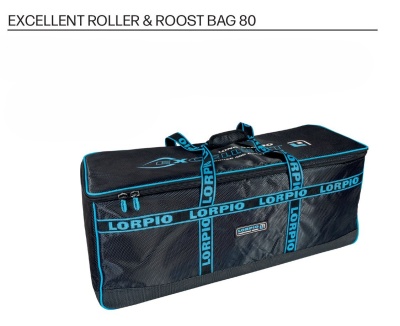 Mala preta com acabamento azul e texto LORPIO nas alças