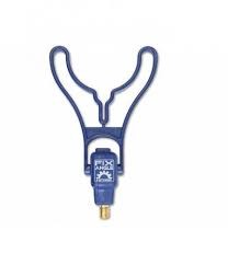 Suporte azul para cana de pesca com peça metálica dourada em fundo branco