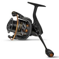 Molinete de pesca preto com detalhes em cobre e manivela longa