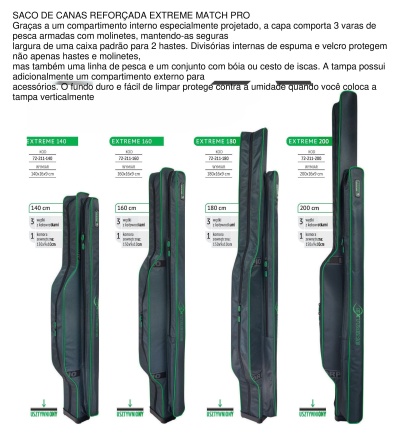 Sacos de canas reforçados verdes e pretos modelo EXTREME MATCH PRO com etiquetas e texto em português