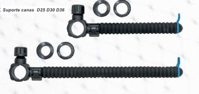 Suportes pretos para canas com anéis de borracha sobre fundo branco