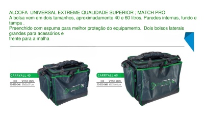 Duas bolsas ALCOFA UNIVERSAL EXTREME pretas com costuras verdes, modelos Carryall 40 e Carryall 60.