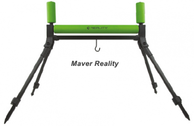 Tripé para pesca preto com barra superior verde e texto Maver Reality