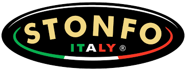 Logótipo oval preto com texto STONFO e ITALY e cores da bandeira italiana