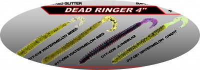 Quatro iscas artificiais Dead Ringer 4 polegadas em várias cores com etiquetas visíveis.