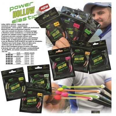Embalagens pretas de elásticos Power Hollow Elastic com textos verdes, amarelos e etiquetas de preços, e homem a segurá-las com hastes coloridas