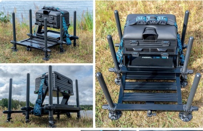 Conjunto de caixa e estrutura de pesca preta com alças azuis em campo junto a lago