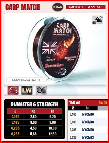 Rolo de linha de pesca monofilamento CARP MATCH marrom com tabela de diâmetros e resistência