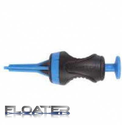 Afogador de líquidos preto e azul com botão na extremidade