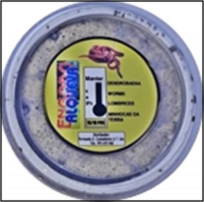 Embalagem redonda transparente com rótulo amarelo e texto com gráfico de termômetro