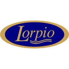 Logotipo oval azul e dourado com texto Lorpio