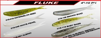 Embalagem Fluke com 6 iscas de pesca coloridas e texto identificativo