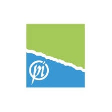 Logótipo com fundo verde e azul e letras 'pi' brancas