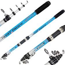Três canas de pesca telescópicas azuis com preto e detalhes metálicos.