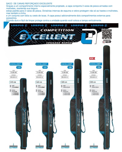 Quatro sacos de cana LORPIO EXCELLENT de diferentes tamanhos com design preto e azul