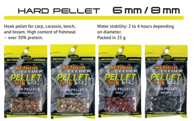 Cinco embalagens de pellets para pesca Method Feeder, várias cores e sabores, texto HARD PELLET 6 mm / 8 mm.