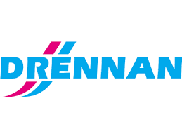 Logotipo DRENNAN em azul com barras rosas e azuis
