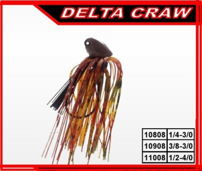 Isca de pesca Delta Craw com franjas castanhas e laranja e informações de tamanhos