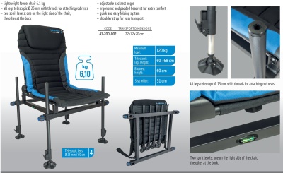 Cadeira feeder preta e azul com pernas telescópicas e sistema de dobragem