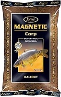 Embalagem de isco para pesca Lorpio Magnetic Carp Halibut preta e dourada com imagem de peixe